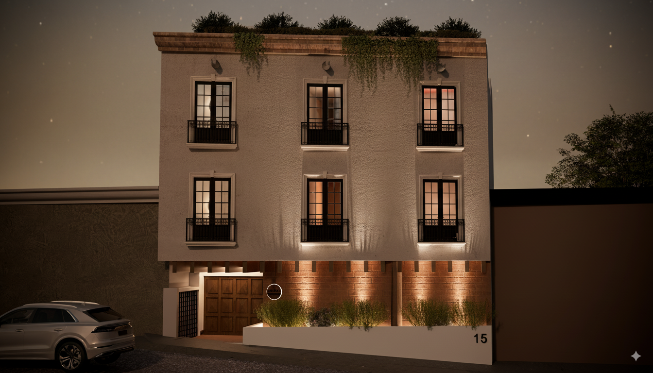 Fachada nocturna del edificio
